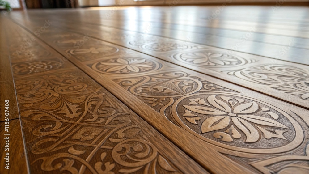 Aufkleber An angled view capturing the texture of the laminate showcasing the intricate designs pressed into the boards with soft reflections enhancing the visual appeal.