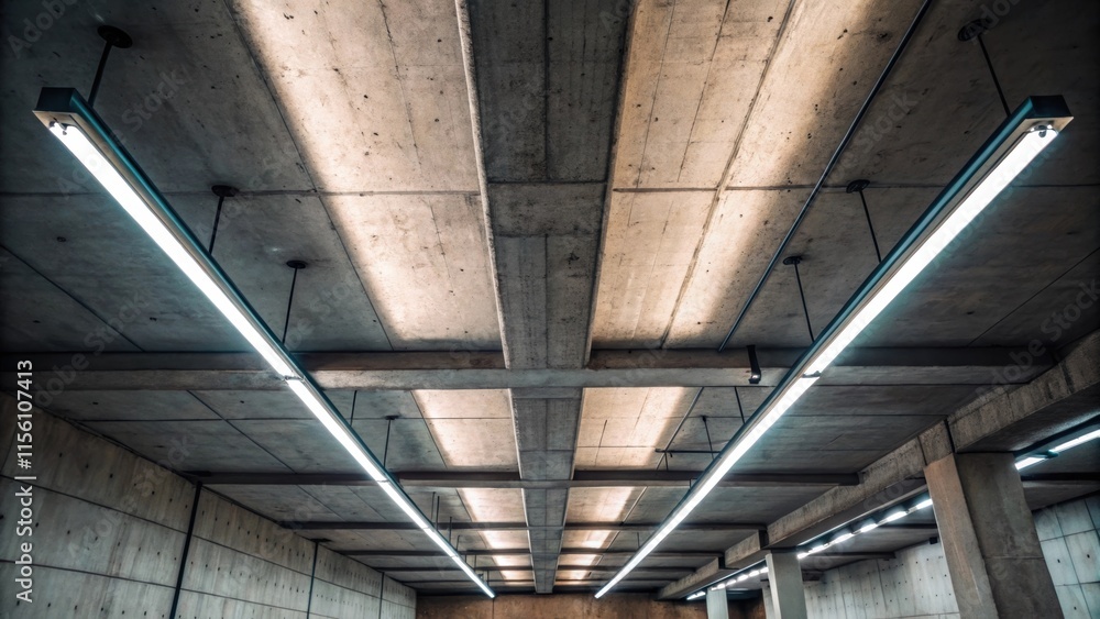 Poster An angled shot of the concrete ceiling with tered fluorescent tubes casting an even glow that accentuates the industrial elements and enhances the urban ambiance.