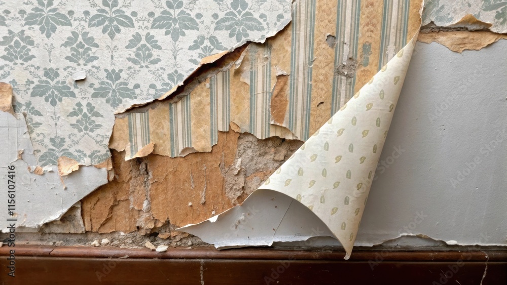 Poster an angled shot capturing a piece of torn wallpaper clinging to a fragment of drywall depicting a mom