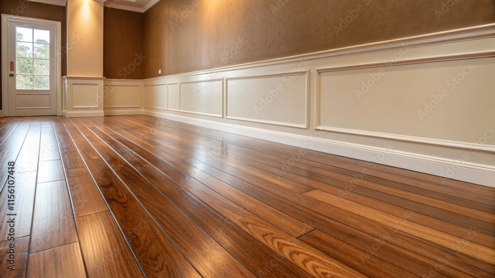 Poster an angled perspective of the room revealing the smooth transition of the polished wood floor to the 