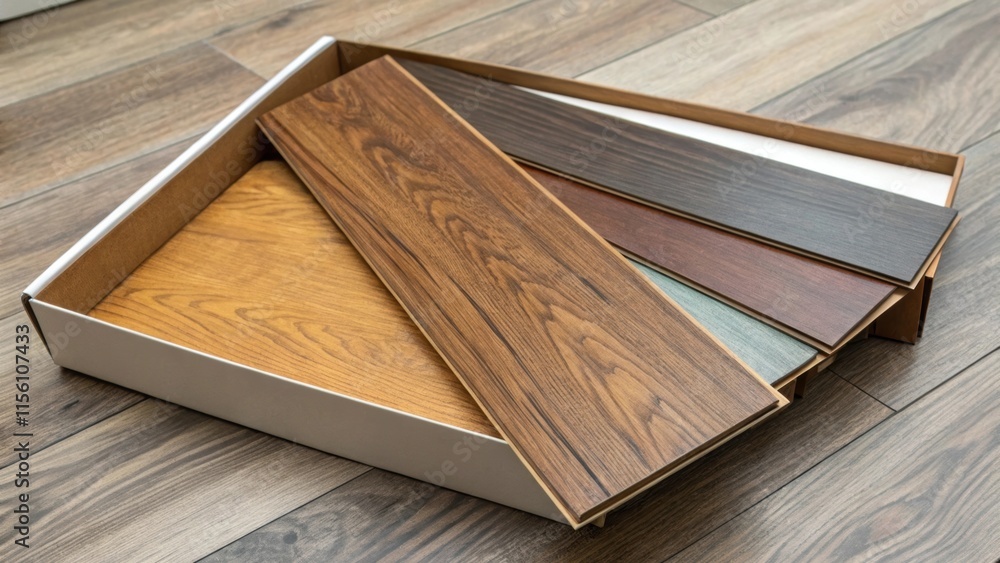 Poster An angled perspective revealing a few laminate planks partially visible from an open box showcasing the rich texture and nuanced colors intended for elegant flooring.
