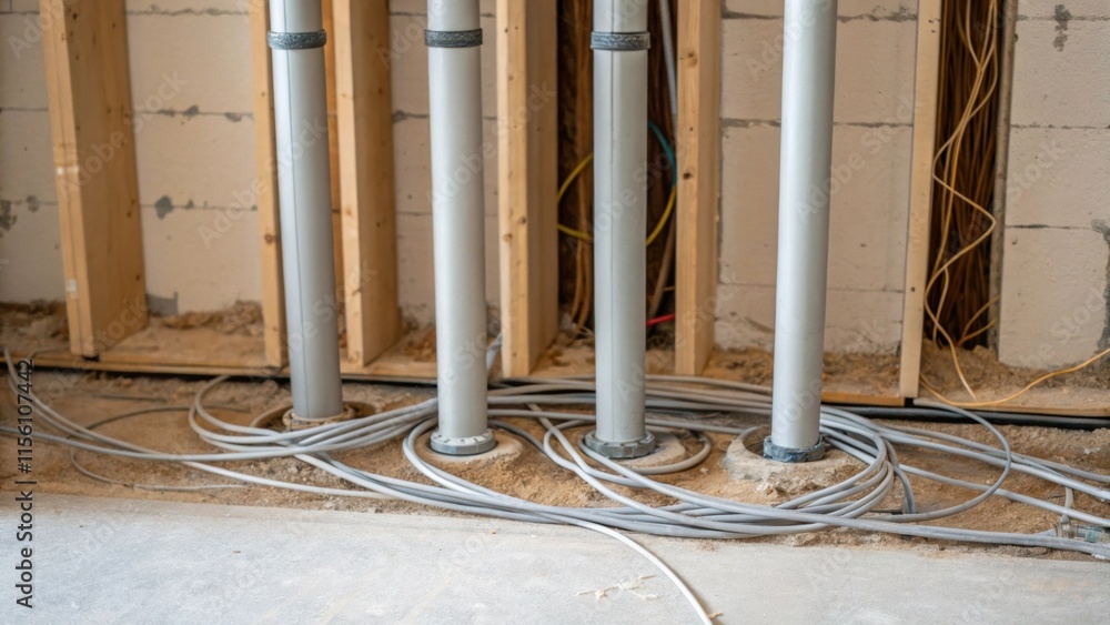 Poster An airy closeup of vertical pipes rising from the floor surrounded by a halo of raw drywall and an explosion of tangled wires at their base waiting for a neat finish.