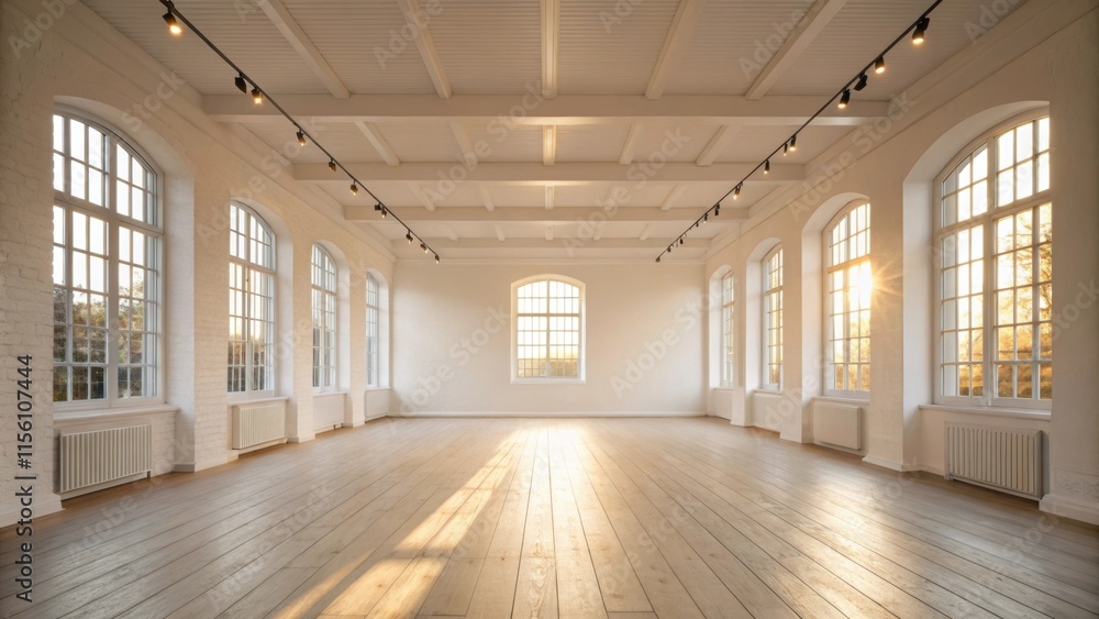 Poster an airy space filled with bright warm light that paints a calming aura over the fresh white walls an