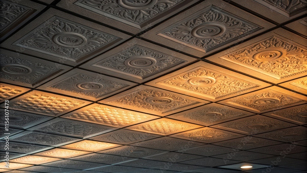 Poster An abstract composition of ceiling tiles overlapping slightly revealing the interplay of patterns and textures with a warm light casting gentle reflections.