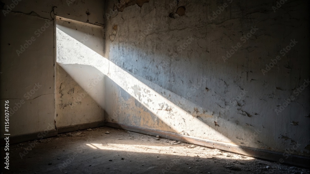 Poster an abandoned corner of the room a sliver of sunlight illuminating the stark contrasts between smooth