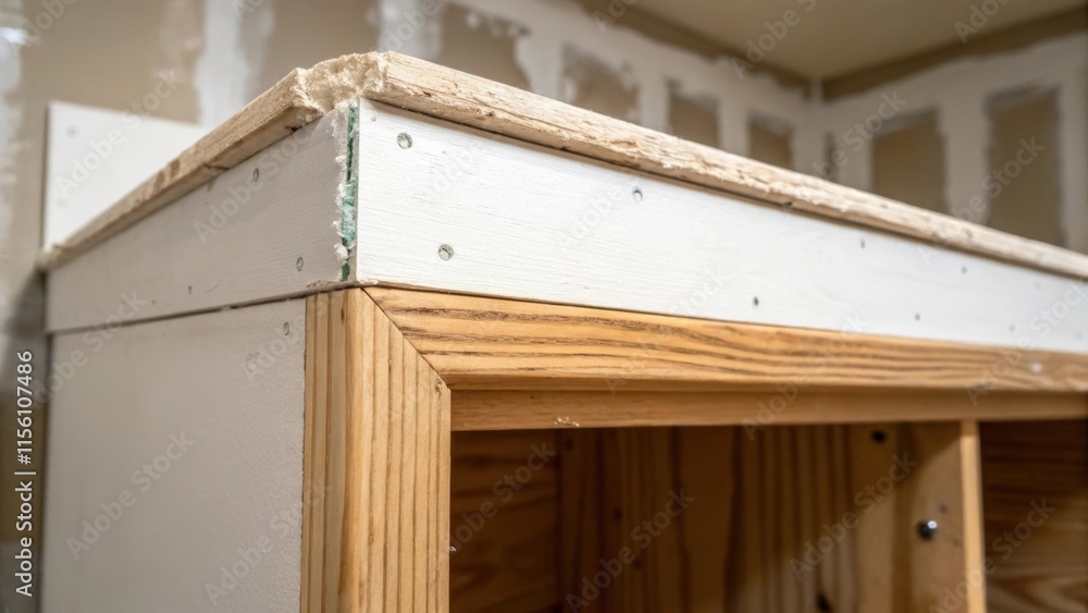 Poster an abstract closeup of a closet corner where drywall meets a wooden shelf edge revealing unfinished 