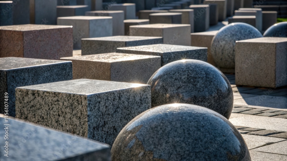 Poster An abstract view of an array of granite pieces in various shades of gray with polished surfaces that play with light and shadow.