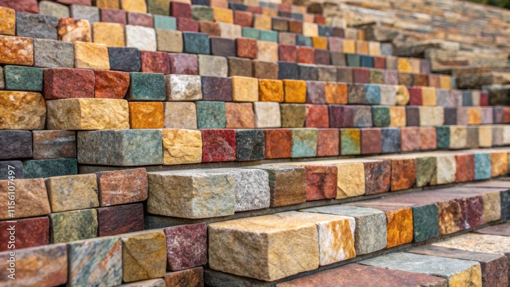 Poster A mosaic of small multicolored granite tiles stacked precariously displaying a vibrant mix of warm and cool tones with varied textures.