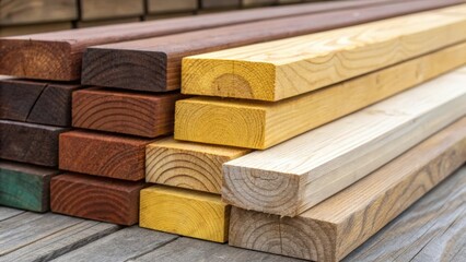 An angled view of the ends of several stacked wood planks showing the distinct variations in colors - some with rich browns and others with pale yellows - creating an aesthetically