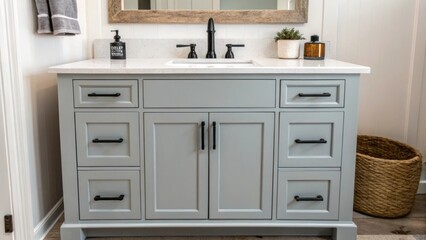 An airy bathroom vanity in soft gray finish with matte black fixtures beside a trendy sink accentuating the serene color palette and contemporary design.
