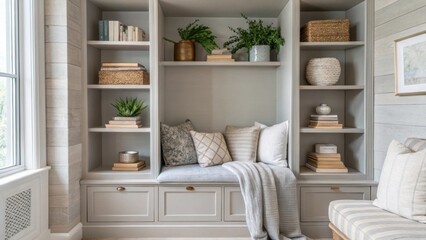 An airy alcove with light gray shelving artfully arranged with neutraltoned decor and soft textiles perfectly blending comfort and style in the open space.