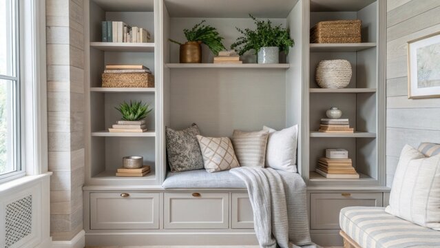 An airy alcove with light gray shelving artfully arranged with neutraltoned decor and soft textiles perfectly blending comfort and style in the open space.