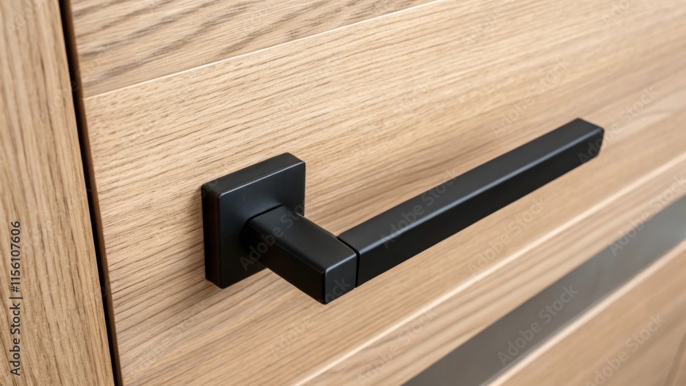 Poster A matte black door lever with minimalistic lines resting on a smooth light oak surface that highlights the contrast.