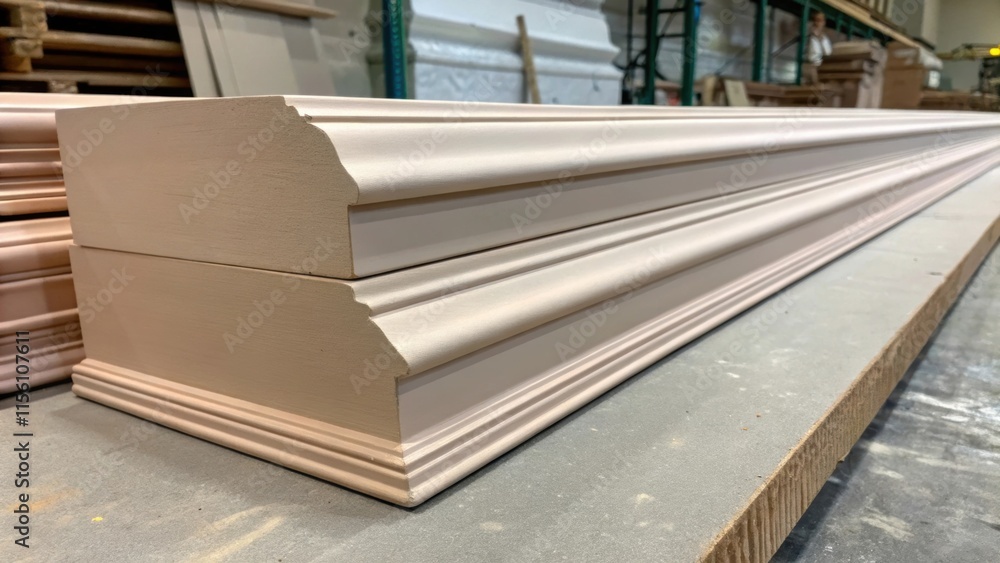 Poster A meticulous stack of painted baseboards in a soft muted tone their edges flawlessly coated and casting subtle shadows on the work surface beneath them.
