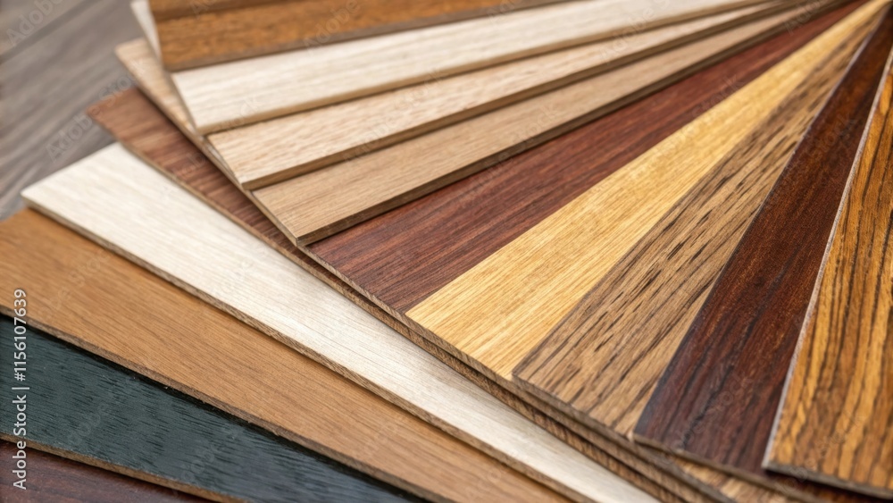 Poster A macro shot that reveals the color variation in a bundle of laminate boards with some planks exhibiting lighter shades and others deeper tones.