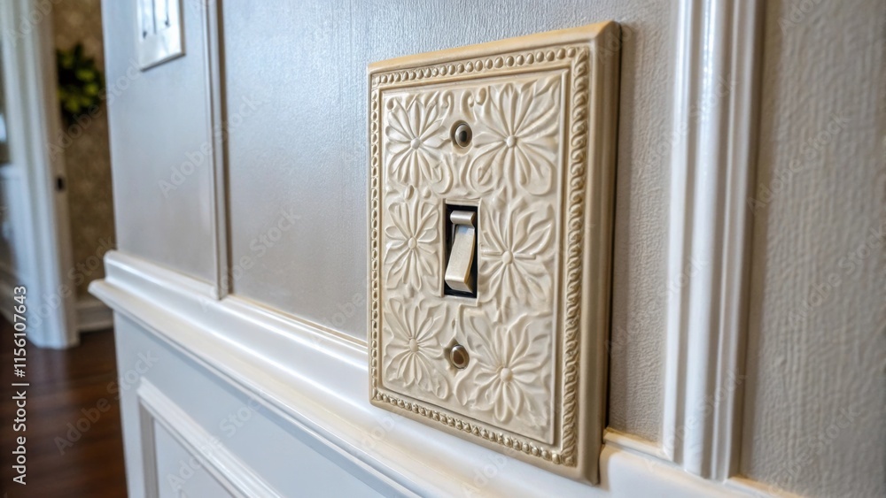 Poster A macro view of a decorative switch plate designed for the ceiling fan showing its elegant finish and unique pattern juxtaposed against the backdrop of a freshly painted wall