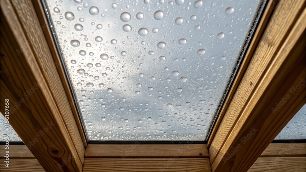 Aufkleber a macro view highlights droplets of condensation on the plastic covering of the skylight contrasting