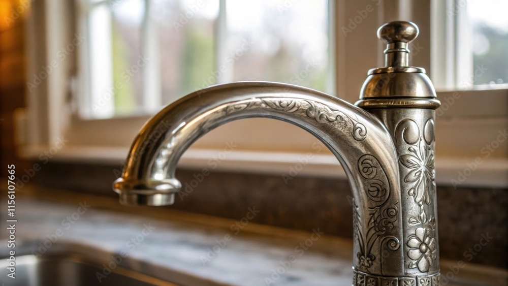 Poster A macro shot of the faucets neck reveals fine etchings and a smooth surface illuminated by natural light streaming in from a nearby window.