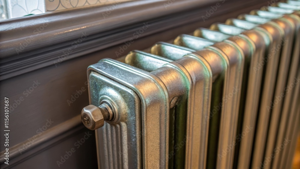 Poster A macro shot of the edges of the radiator sections showcasing the precise engineering and the hues of brushed metal reflecting subtle hues of surrounding decor.