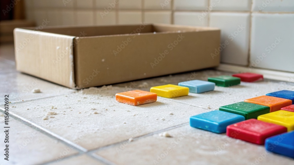 Aufkleber A macro view capturing a of small colorful tile spacers beside an empty tile box with fine particles of dust resting on the floor beneath.