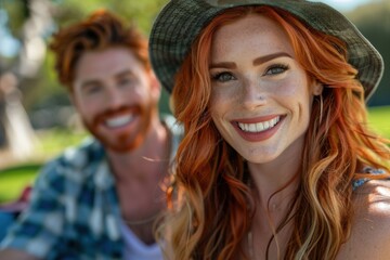 Fototapeta premium A smiling couple enjoys a picnic at the park, with the woman laughing brightly. The warm sunlight enhances their joyful and relaxed mood.