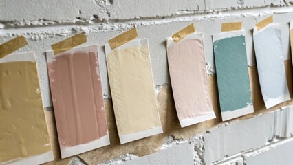 A macro view of several paint samples taped haphazardly onto a slightly chipped wall revealing the unique sheen of each swatch from highgloss to lowsheen and the imperfect edges