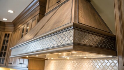 Obraz premium A macro view captures the texture of the kitchen hood vents surface with subtle reflections of light and shadow illustrating meticulous craftsmanship against the backdrop of
