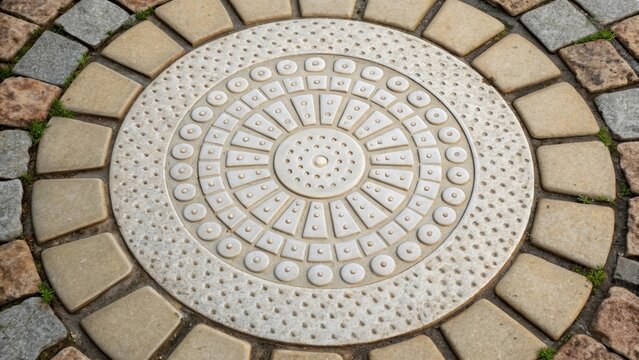 A macro view of a circular tile with a raised tactile surface surrounded by squarish and rectangular tiles their hardness contrasting against the delicate nature of the round