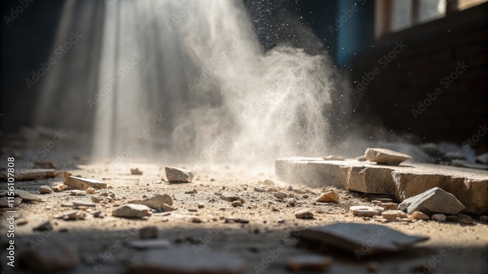 Poster A macro shot capturing the fine dust particles emitted from the broken plaster illuminated by shafts of light creating a hazy atmosphere that evokes a sense of ongoing renovation.