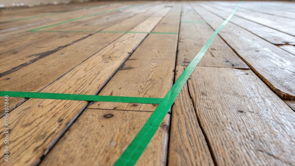 Poster A macro image of an uneven floorboard with a rustic texture where green tape has been meticulously p to mark the layout for the upcoming flooring installation.