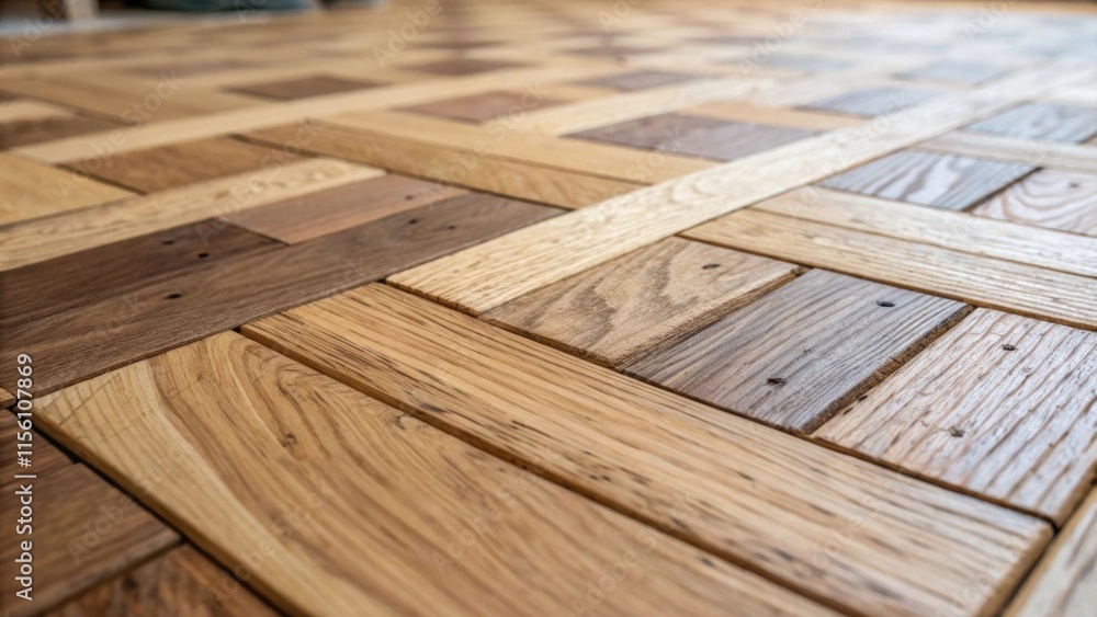 Aufkleber A macro image capturing the texture of the wood grain on a recently laid parquet piece emphasizing knots and variations in color against a backdrop of halfcompleted sections.