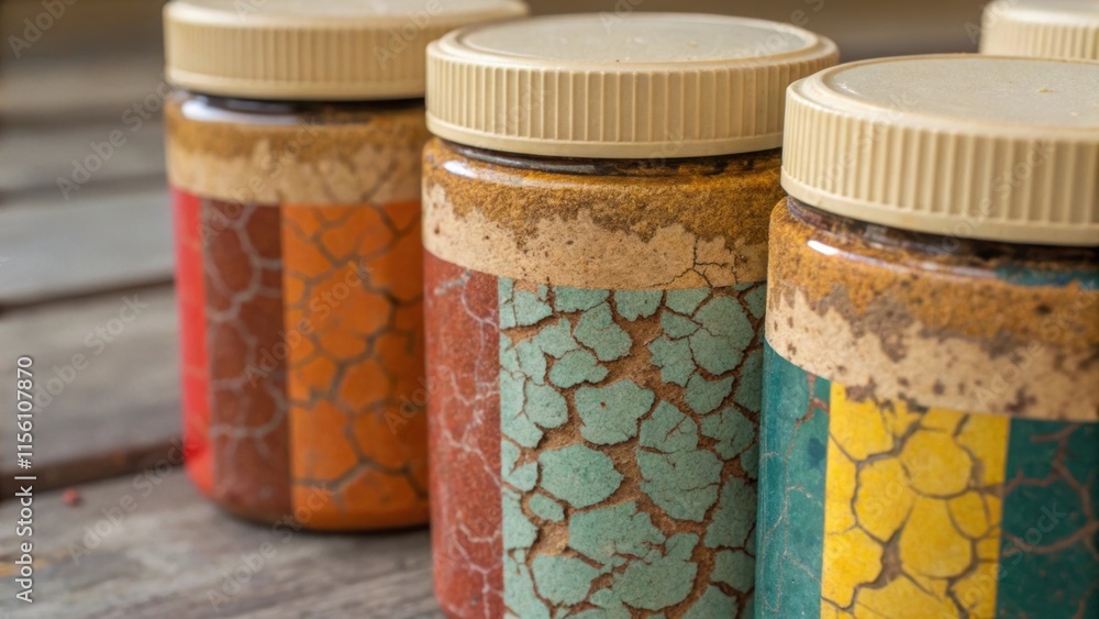 Aufkleber A macro image capturing the textures of dried adhesive on a few containers their surfaces crusted with layers of different colors and patterns as if they tell the story of multiple
