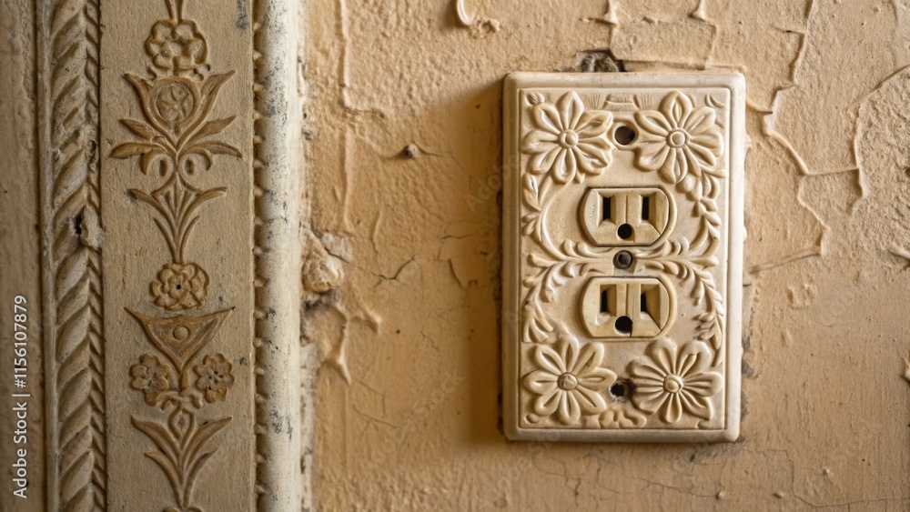 Aufkleber a macro image of an oldstyle ceramic outlet with intricate floral designs embedded into a charmingly