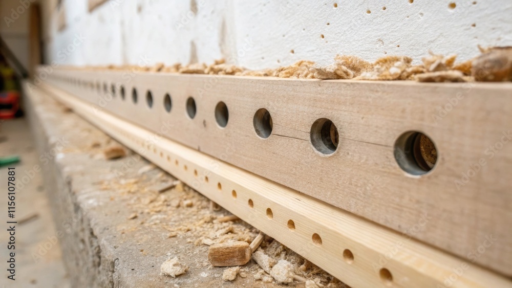 Poster A macro image capturing a row of holes in the wall where the brackets will soon be installed the uneven edges hint at a DIY undertaking with raw wood shavings nearby.