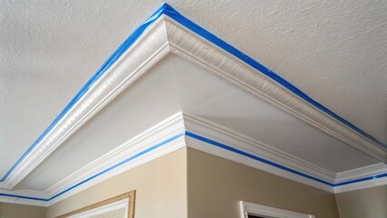 A macro perspective of the freshly painted ceiling featuring a smooth finish with the painters tape snugly holding the boundary inviting admiration for the precision involved in