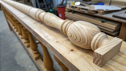 A macro image of an unfinished stair baluster sitting on a table revealing the swirling patterns of the wood and where it has been sanded smooth.