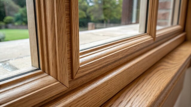 A macro image capturing the detailed joinery of a wooden window frame revealing the precision of the craftsmanship and the subtle contrast between the polished wood and the rough