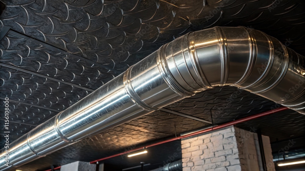 Aufkleber A juxtaposition of a shiny chrome duct against a textured dark ceiling with reflections playing off its surface creating a dynamic visual interest overhead.