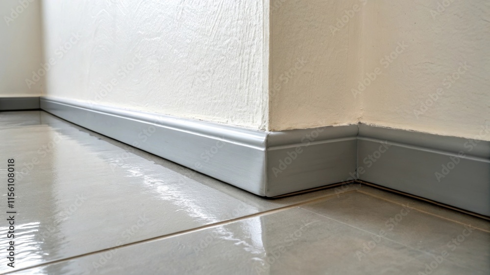 Poster A highly detailed image of a corner where an exposed wall meets the floor with a profile of smooth waterproofing material sweeping upward subtly reflecting ambient light.