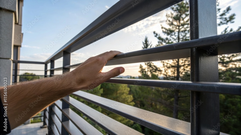 Poster a hand reaches out to touch the cold unfinished metal of the balcony railing highlighting the stark 