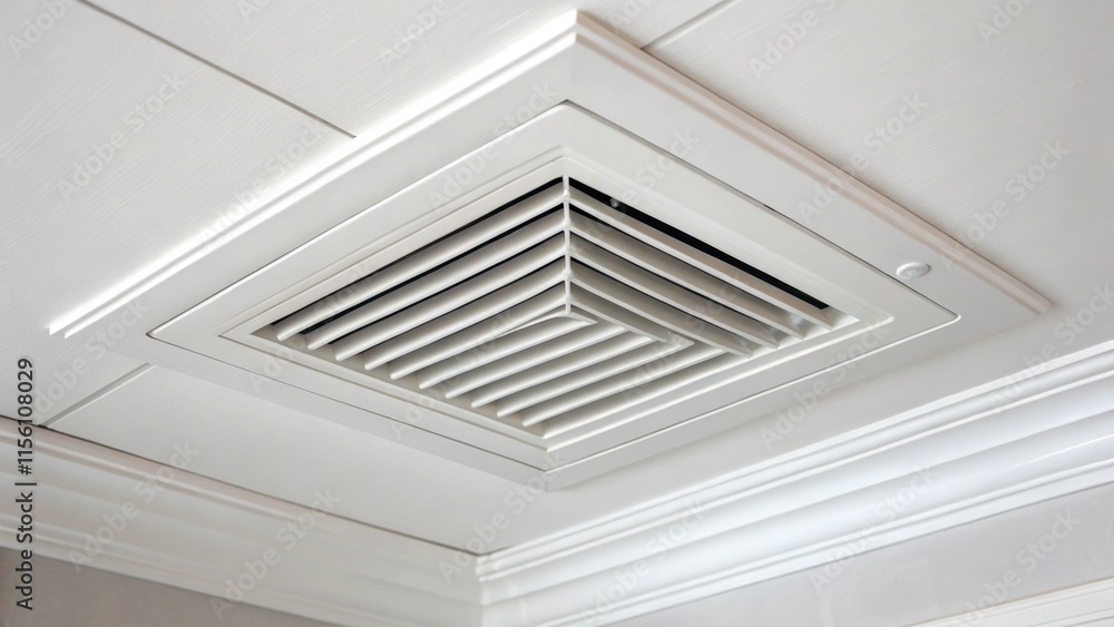 Leinwandbilder A highcontrast view of a vent cover installed freshly into a pristine white ceiling accentuating its smooth contours and the sleek finish of the surrounding surface.