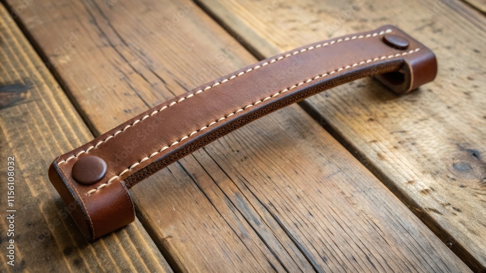 Poster A handcrafted leather door pull with visible stitching laid on a rustic wooden table bringing an artisanal feel to the display.