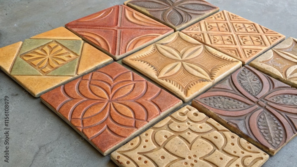 Poster a group of artisanal tiles featuring raised textures and earthy glazes arranged in an asymmetrical f