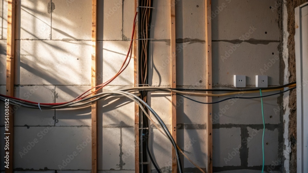 Poster a gritty closeup featuring a patch of exposed wires against a raw drywall backdrop where the interpl