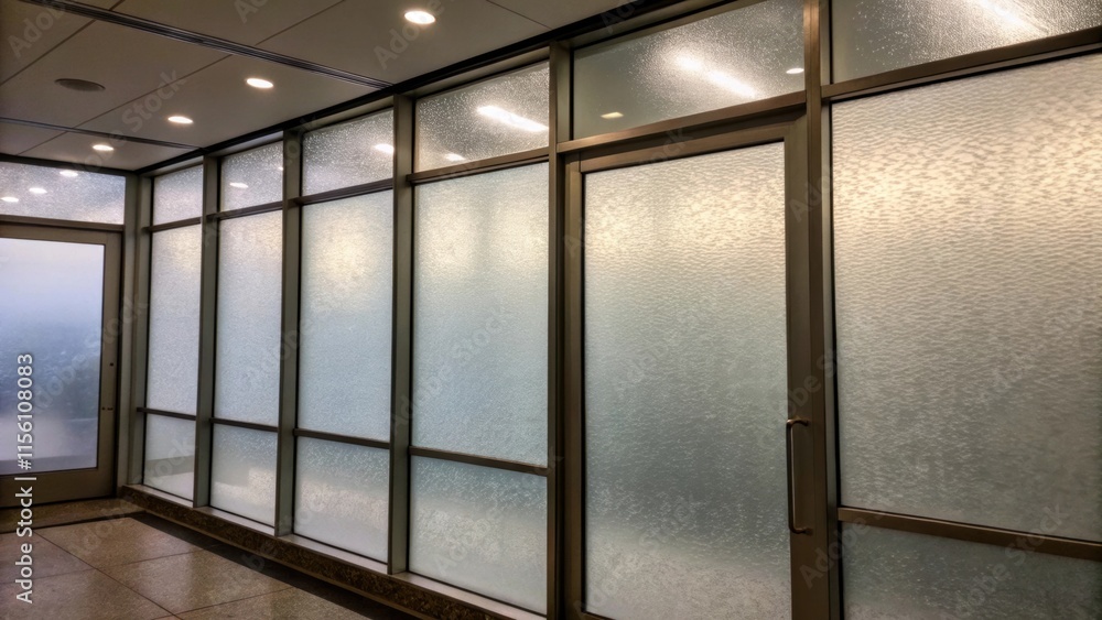 Poster A grouping of glass panels with a frosted texture on the surface creating a sense of privacy while allowing diffused light to filter through.