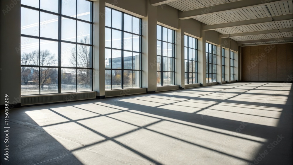 Poster A focus on the interplay of shadows and light on the floor created by the large installed windows that dominate one side of the room hinting at future uses of the open space.