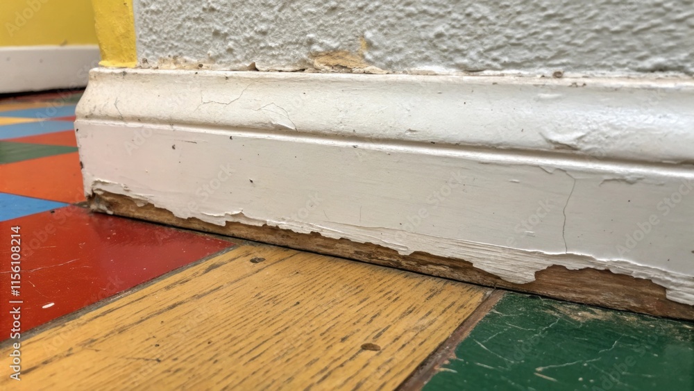 Aufkleber A fragment of baseboard with a chipped corner is set against a backdrop of a colored floor the rough surface telling stories of years of wear and tear.