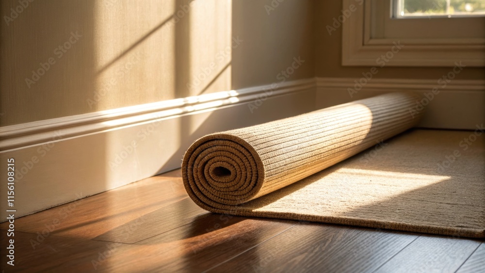 Aufkleber A focus on the sunlightfilled corner where a rolledup rug rests against a wall with a slight curl forming at its edge suggesting imminent placement as part of the renovation.