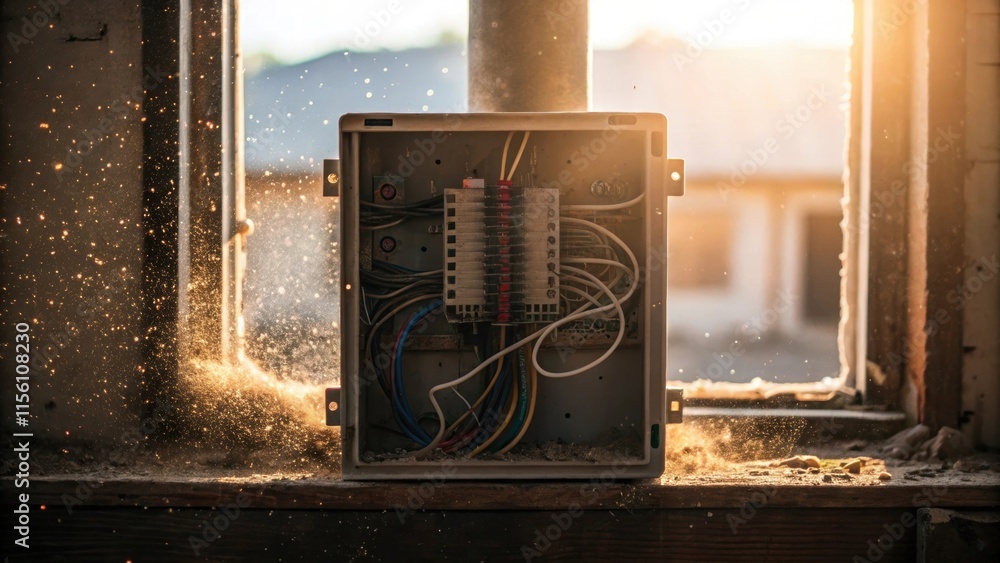 Poster a focus on an open junction box with wires spilling out surrounded by dust motes floating in the sun