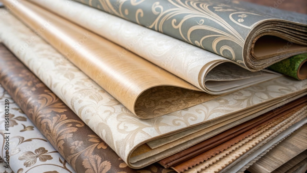 Poster a focus on a pile of wallpaper remnants with both new and worn textures some pieces smooth and gloss
